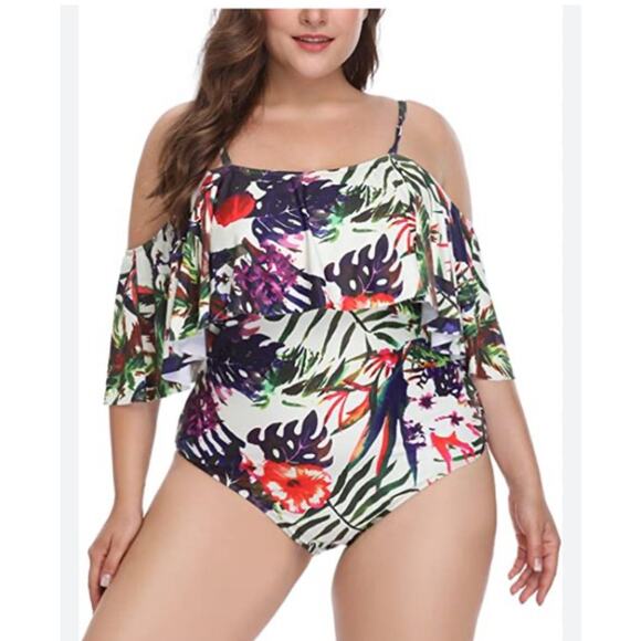 Women's Plus 20 W NWOT Swim Suit Bathing Suit Tropical Off Shoulder Swim Wear - Picture 1 of 4